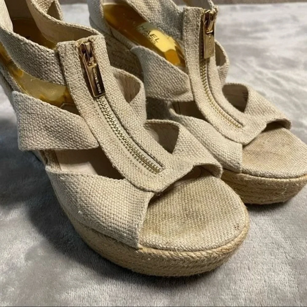 Michael Kors Espadrille Platform Wedge Sandals 8.5 Beige Women Canvas Jute Zip